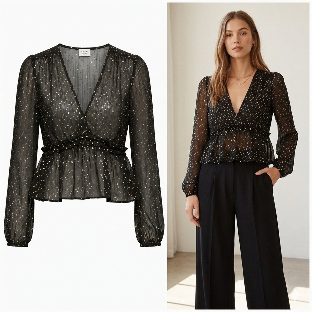 Sunday Best Aritzia Black Gold Metallic Foil Dot Peplum Blouse Whimsigoth XXS